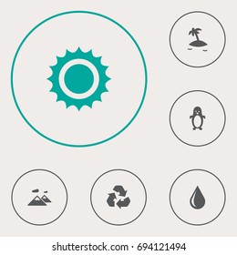 Set Of 6 Natural Icons Set.Collection Of Polar Bird, Pinnacle, Blob And Other Elements.
