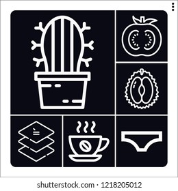 Set of 6 natural outline icons such as cactus, tomato, durian, coffee, underwear