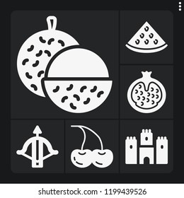 Set of 6 nature filled icons such as castle, crossbow, watermelon, lychee, pomegranate