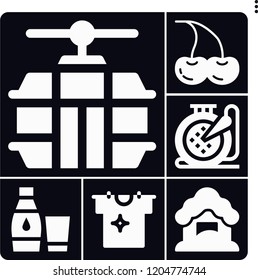 Set of 6 nature filled icons such as cherries, clean, cable car cabin, snow fall, water