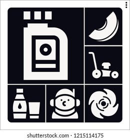 Set of 6 nature filled icons such as melon, lawn mower, cyclone, astronaut, oil