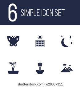 Set Of 6 Nature Icons Set.Collection Of Pinnacle, Green Power, Solar Panel And Other Elements.