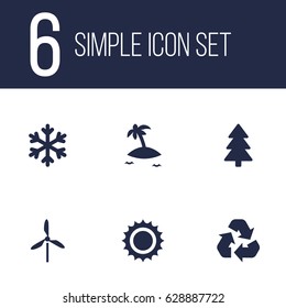 Set Of 6 Nature Icons Set.Collection Of Winter Snow, Isle Beach, Wind Energy And Other Elements.
