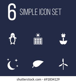 Set Of 6 Nature Icons Set.Collection Of Midnight, Foliage, Wind Energy And Other Elements.