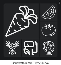 Set of 6 nature outline icons such as geography, biofuel, reindeer, carrot, watermelon