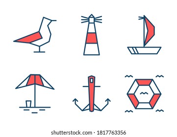 Set of 6 nautical icons. Two-color flat design. Vector illustration.