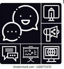 Set of 6 network outline icons such as chat, presentation, monitor, chatting, share