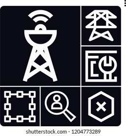 Set of 6 network outline icons such as power line, transform, block, search, browser
