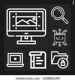 Set of 6 network outline icons such as search, computer, coding, data