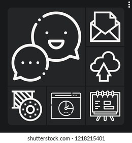 Set of 6 network outline icons such as chat, presentation, upload, message, speed test