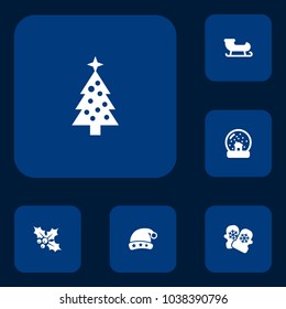 Set of 6 new icons set. Collection of snow globe, holly, christmas tree and other elements.