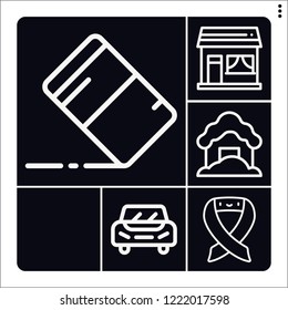 Set of 6 new outline icons such as eraser, car, house, snow fall, newspaper