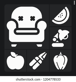 Set of 6 nobody filled icons such as bell pepper, desk lamp, apple, armchair, pliers