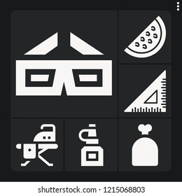 Set of 6 nobody filled icons such as sack, set square, watermelon, ironing board, oil bottle