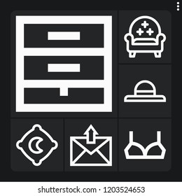 Set of 6 nobody outline icons such as brassiere, pillow, armchair, chest of drawers, files and folders