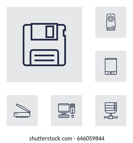 Set Of 6 Notebook Outline Icons Set.Collection Of Floppy, Speaker, Server And Other Elements.