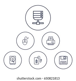 Set Of 6 Notebook Outline Icons Set.Collection Of Floppy, Printer, Server And Other Elements.