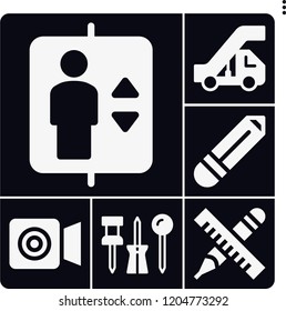 Set of 6 office filled icons such as push pin, elevator, stairs, pencil