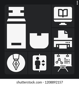 Set of 6 office filled icons such as analytics, pen, elevator, computer, usb