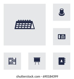Set Of 6 Office Icons Set.Collection Of Book, Phone, Blackboard And Other Elements.
