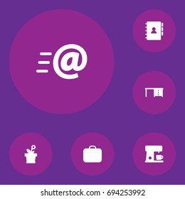 Set Of 6 Office Icons Set.Collection Of Desktop, Espresso, Book And Other Elements.