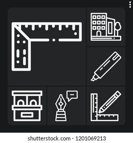 Set of 6 office outline icons such as ruler, marker, pen, buildings, ticket office