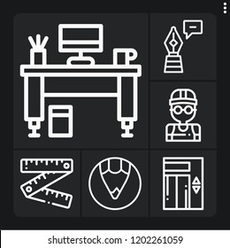 Set of 6 office outline icons such as ruler, desk, pen, pencil, elevator