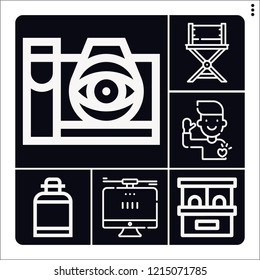 Set of 6 office outline icons such as ticket office, chair, thought camera, canteen, computer