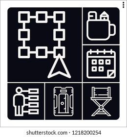 Set of 6 office outline icons such as select, chair, sharpener, pencil box, calendar