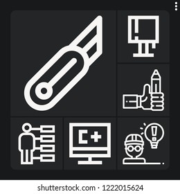 Set of 6 office outline icons such as architect, pencil, cutter, lamp, computing