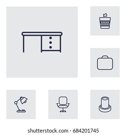 Set Of 6 Office Outline Icons Set.Collection Of Briefcase, Desk, Chair And Other Elements.