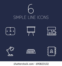 Set Of 6 Office Outline Icons Set.Collection Of Board Stand, Book, Table Lamp Elements.