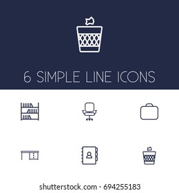 Set Of 6 Office Outline Icons Set.Collection Of Wastebasket, Briefcase, Desk And Other Elements.