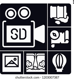Set of 6 old filled icons such as dermis, video camera, hot air balloon, barrel, treasure map
