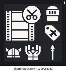 Set of 6 old filled icons such as warrior, spear, film reel, label, viking helmet
