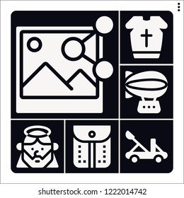 Set of 6 old filled icons such as armour, catapult, picture, zeppelin, jesus
