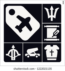 Set of 6 old filled icons such as crossbow, armour, cannon, poseidon, label