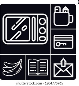 Set of 6 open outline icons such as book, bananas, pencil box, microwave, key card