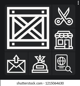 Set of 6 open outline icons such as box, passport, shopping store, scissors, files and folders