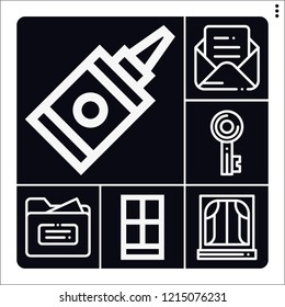 Set of 6 open outline icons such as mail, folder, key, window, glue