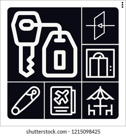 Set of 6 open outline icons such as exit, elevator, safety pin, passport, key