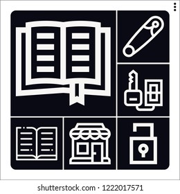 Set of 6 open outline icons such as book, key, shopping store, safety pin
