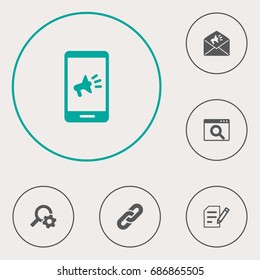 Set Of 6 Optimization Icons Set.Collection Of Marketing, Engine, Author Rights And Other Elements.