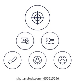 Set Of 6 Optimization Outline Icons Set.Collection Of Block, Targeting, Keywords And Other Elements.