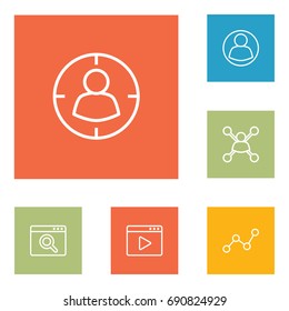 Set Of 6 Optimization Outline Icons Set.Collection Of Video Marketing, SEO Test, Guest And Other Elements.