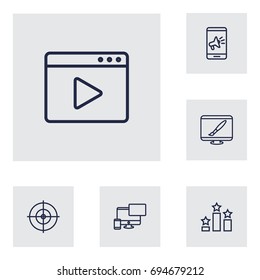 Set Of 6 Optimization Outline Icons Set.Collection Of Marketing, Blogging, Keywords And Other Elements.