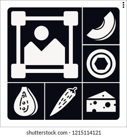 Set of 6 organic filled icons such as melon, mango, chili pepper, image, nut