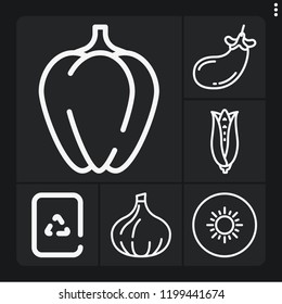 Set of 6 organic outline icons such as recycling, corn, bell pepper, kiwi, garlic