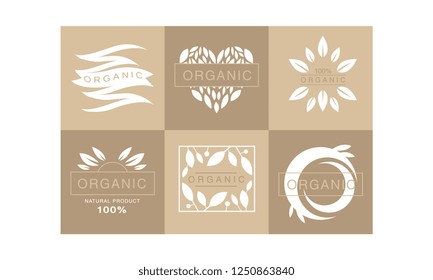 Set of 6 original monochrome emblems with leaves and text. 100% organic product. Healthy lifestyle. Creative logo templates for natural cosmetics or vegan food store. Isolated vector illustrations.