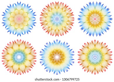 Set of 6 Ornamental Arabic Pattern With Mandala. Vintage Vector For Print Or Web Design. Invitation, Wedding Card, National Design. Rainbow color.
